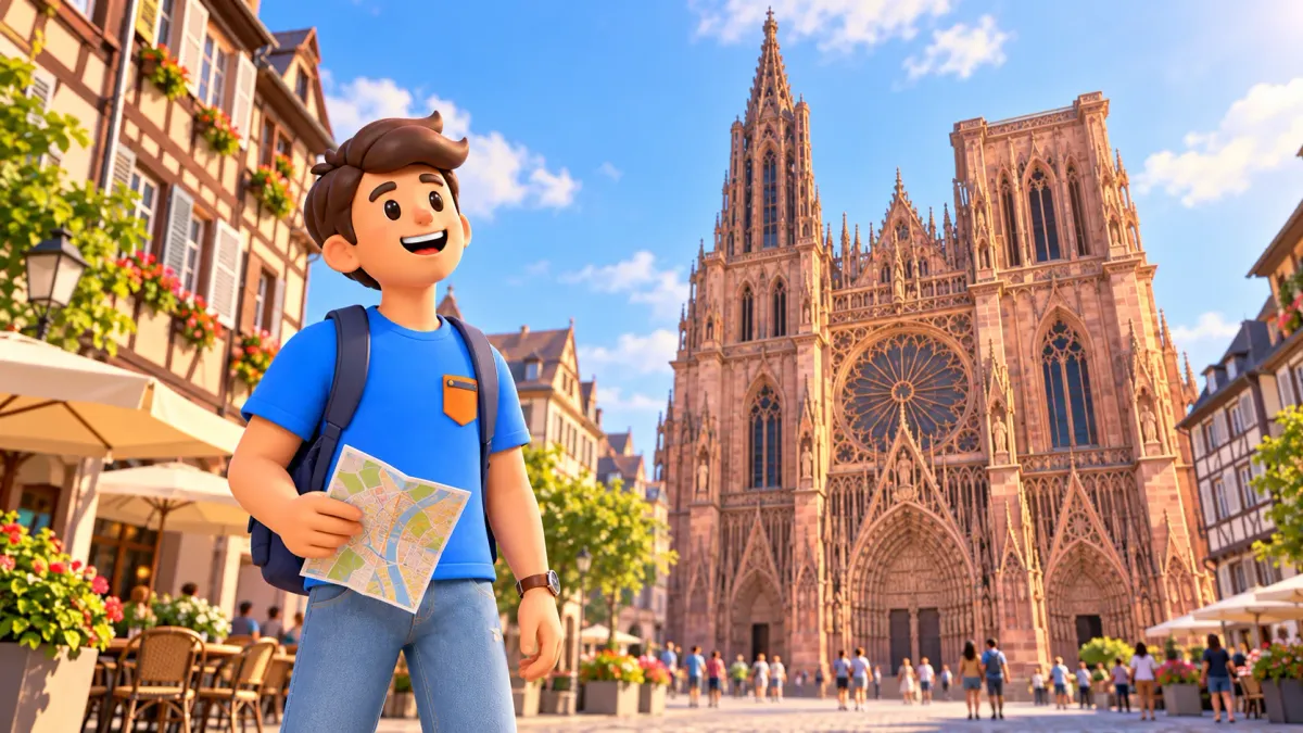 RoadMe traveller holding a map before an illustrated Strasbourg Cathedral façade