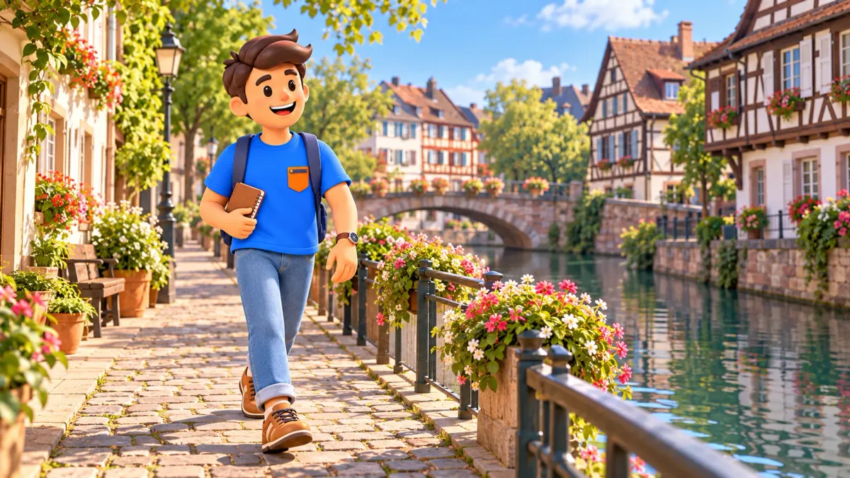 Viajero con un cuaderno caminando junto a un canal y casas de entramado