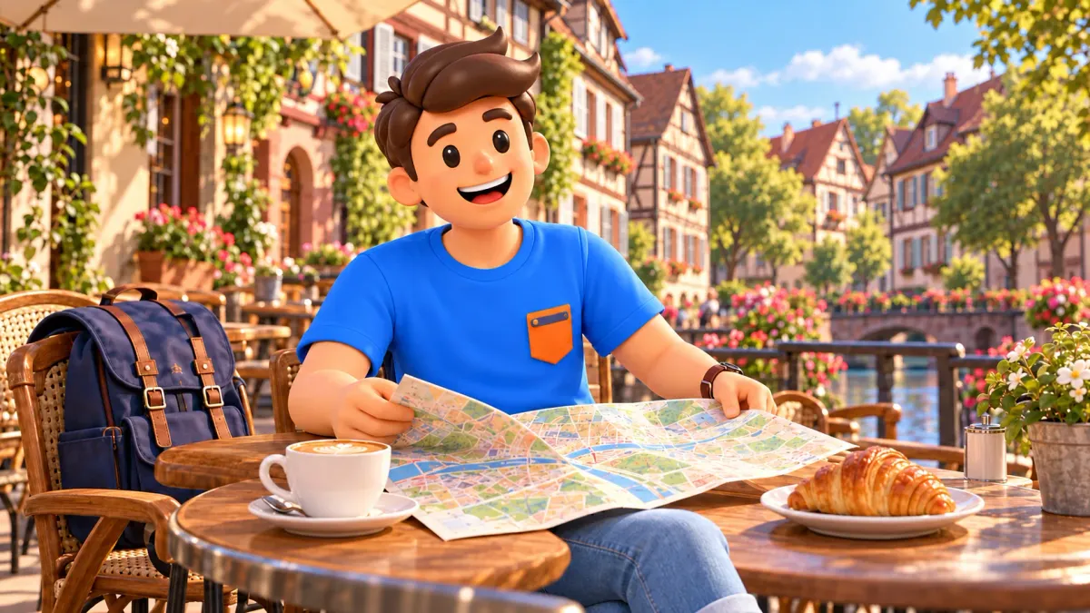 Traveller planning a day over breakfast with a paper map in the old town