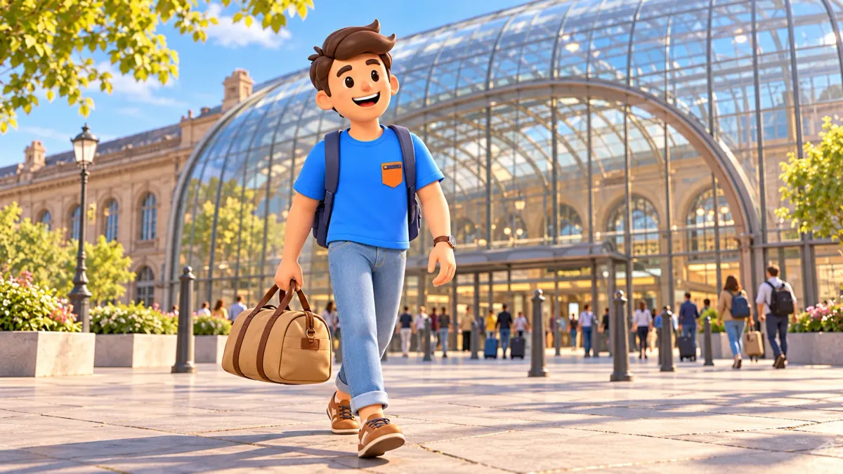 El viajero de RoadMe con una bolsa de fin de semana ante una entrada de estación acristalada