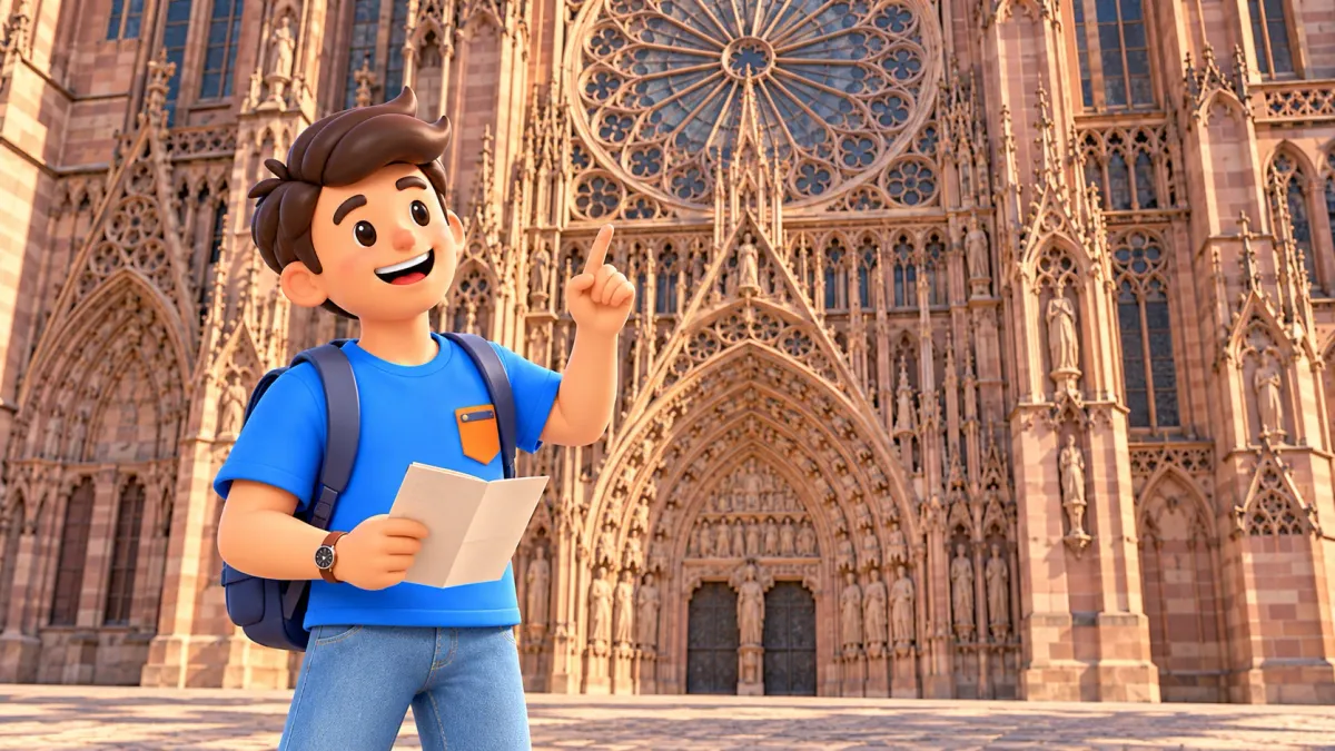 RoadMe traveller with a leaflet beside a stylised sandstone Gothic front and rose window