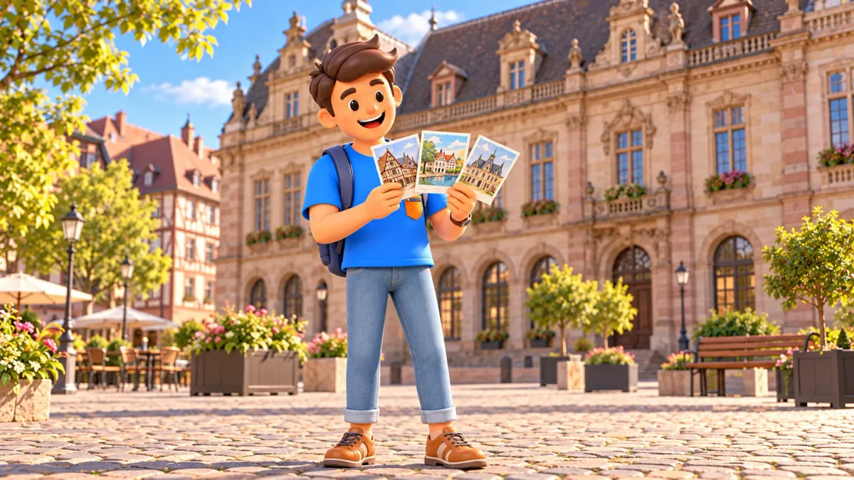 RoadMe traveller comparing three postcards in front of a stylised Renaissance civic façade