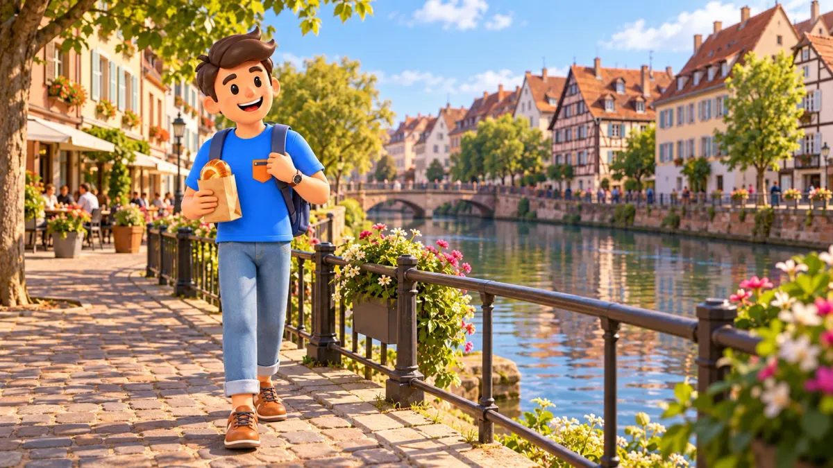 RoadMe traveller holding a paper bakery bag on a stylised Strasbourg quay