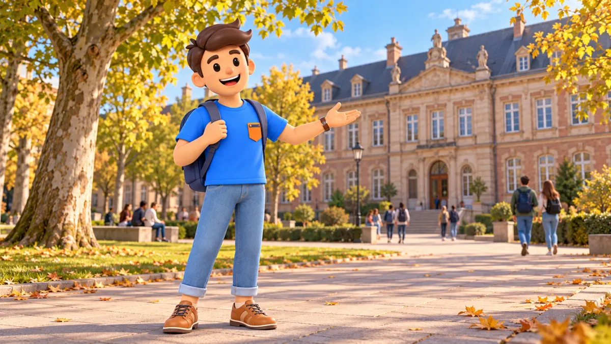 Le voyageur RoadMe présente un bâtiment universitaire stylisé parmi les arbres d’automne