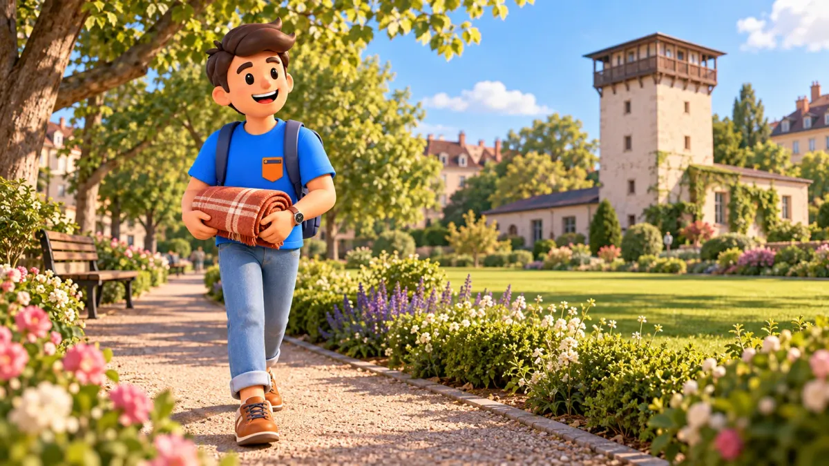 RoadMe traveller carrying a folded blanket on a garden path before an interpretive old Koenigshoffen tower