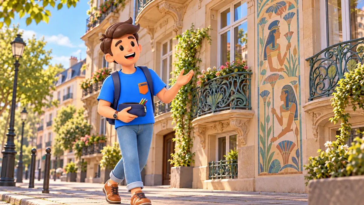 El viajero de RoadMe con un estuche se sorprende ante una fachada con pintura egipcia interpretativa