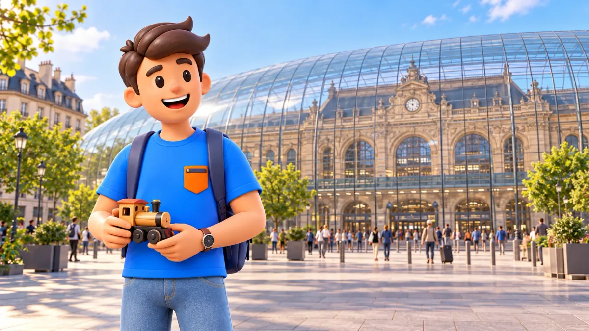 RoadMe traveller holding a wooden train before an interpretive station with a glass envelope and stone facade