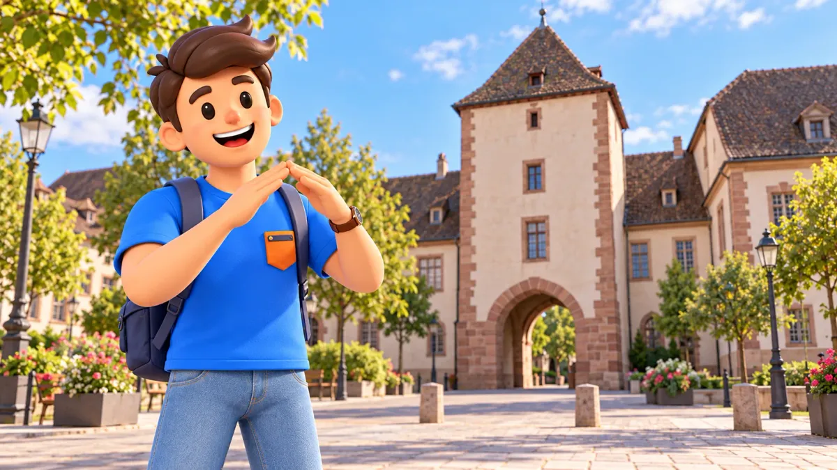 El viajero de RoadMe forma un arco con las manos ante una torre-puerta histórica interpretativa