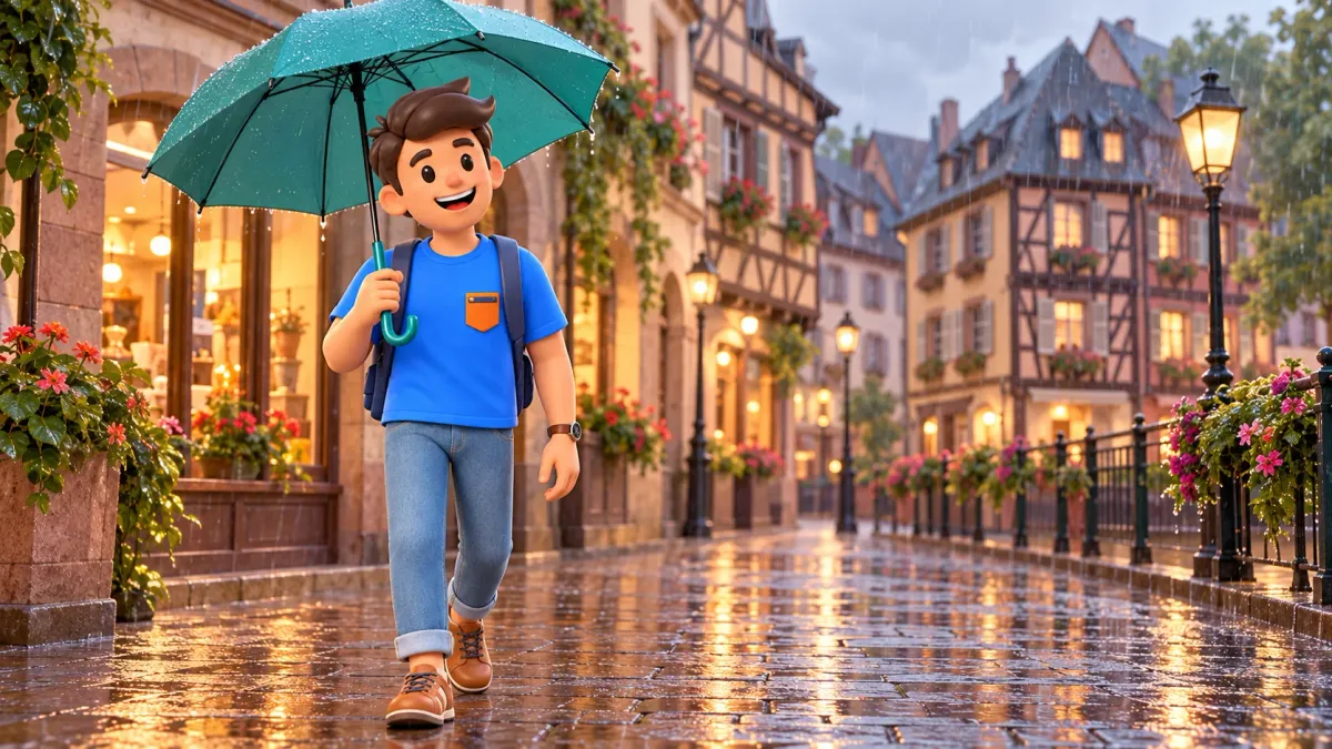 RoadMe traveller with an open teal umbrella on an interpretive wet Strasbourg old-town street
