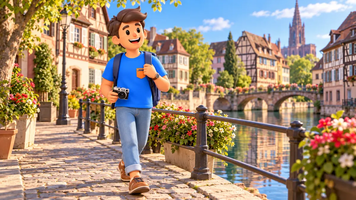 Le voyageur RoadMe avec un appareil photo sur un quai strasbourgeois interprétatif près de maisons à colombages