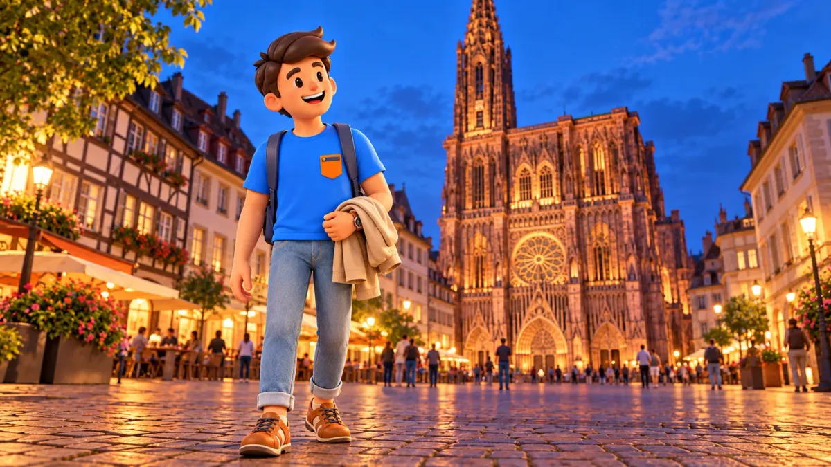 El viajero de RoadMe lleva una chaqueta ante una interpretación artística de la catedral de Estrasburgo al anochecer
