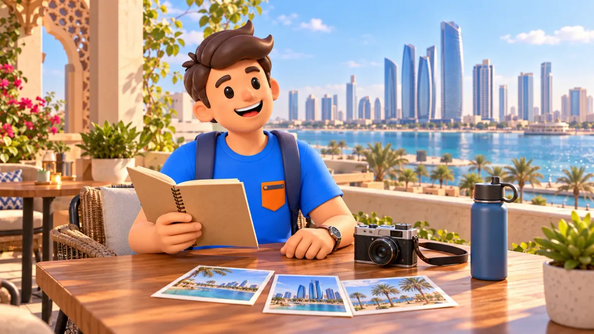 Un voyageur prépare son séjour à Abou Dhabi avec un carnet sur une terrasse au bord de l’eau
