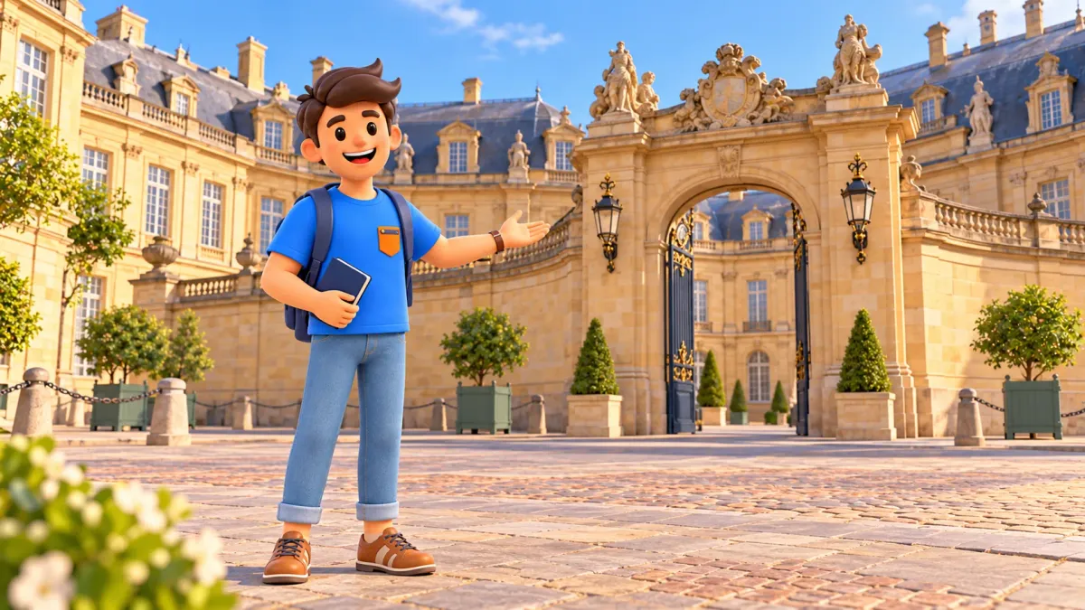 El viajero de RoadMe con una libreta ante una interpretación artística de la entrada del Palais Rohan