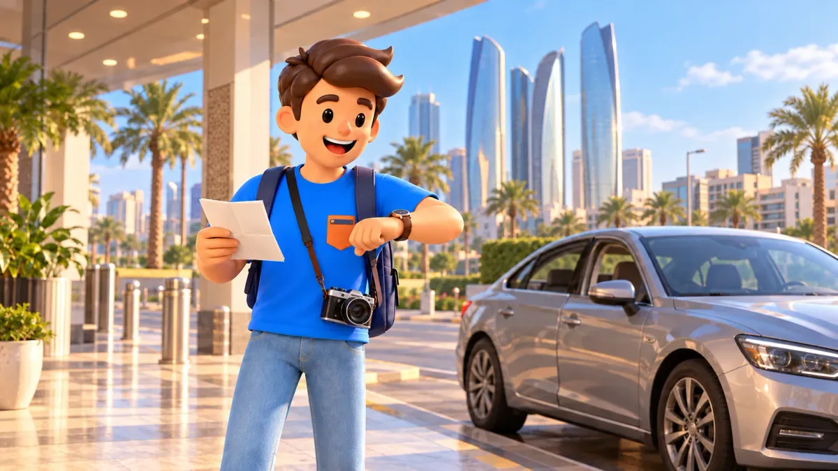Ein Reisender prüft Uhr und Tagesplan an einem städtischen Abholpunkt in Abu Dhabi