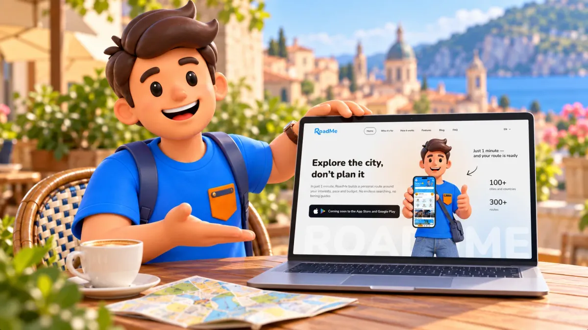 The RoadMe mascot presents the project’s website on a laptop at a city café.