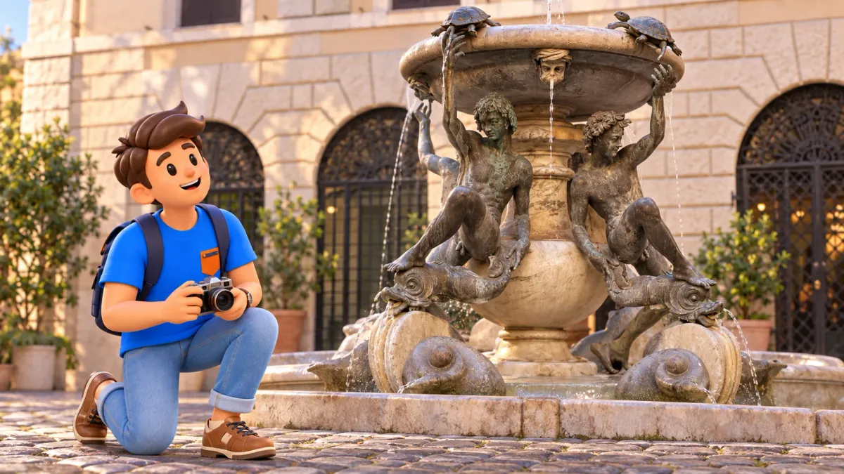 A traveller kneeling with a camera observes the Turtle Fountain in Piazza Mattei