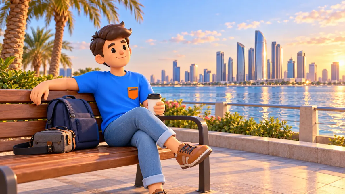 A traveller rests with a reusable cup on an Abu Dhabi waterfront bench