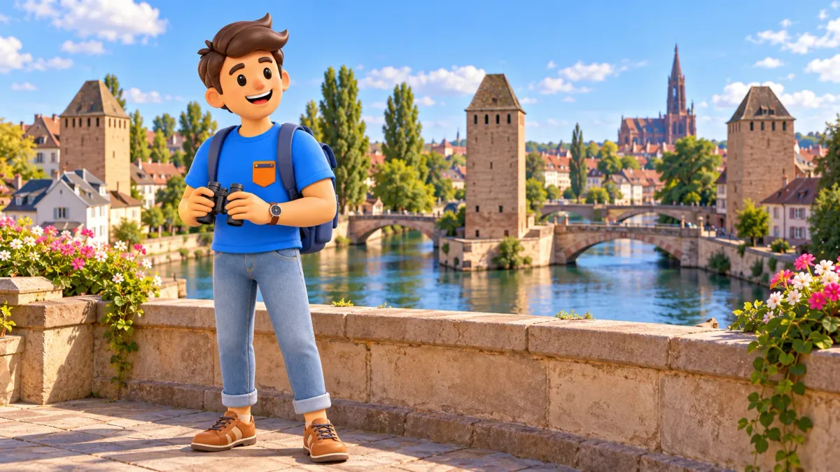 Illustrated traveller holding binoculars on a low terrace with canals, stone bridges and towers behind him