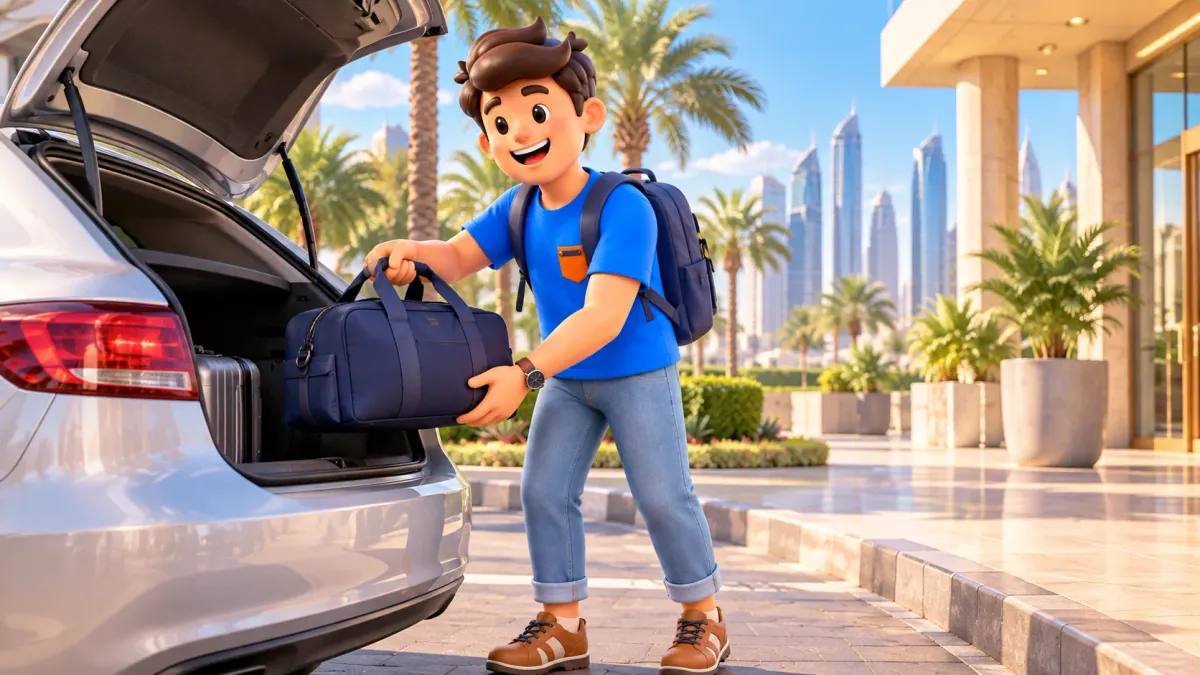 Un viajero guarda una bolsa en el coche antes de salir de Dubái
