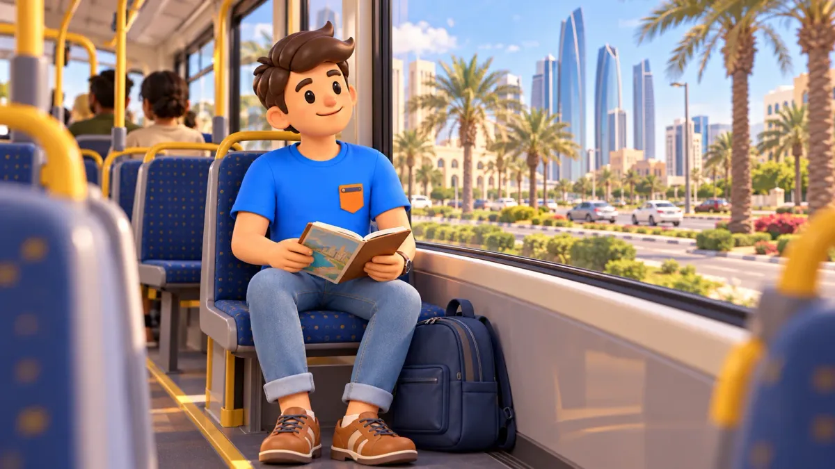 Un viajero con una libreta en un autobús urbano, ilustración artística