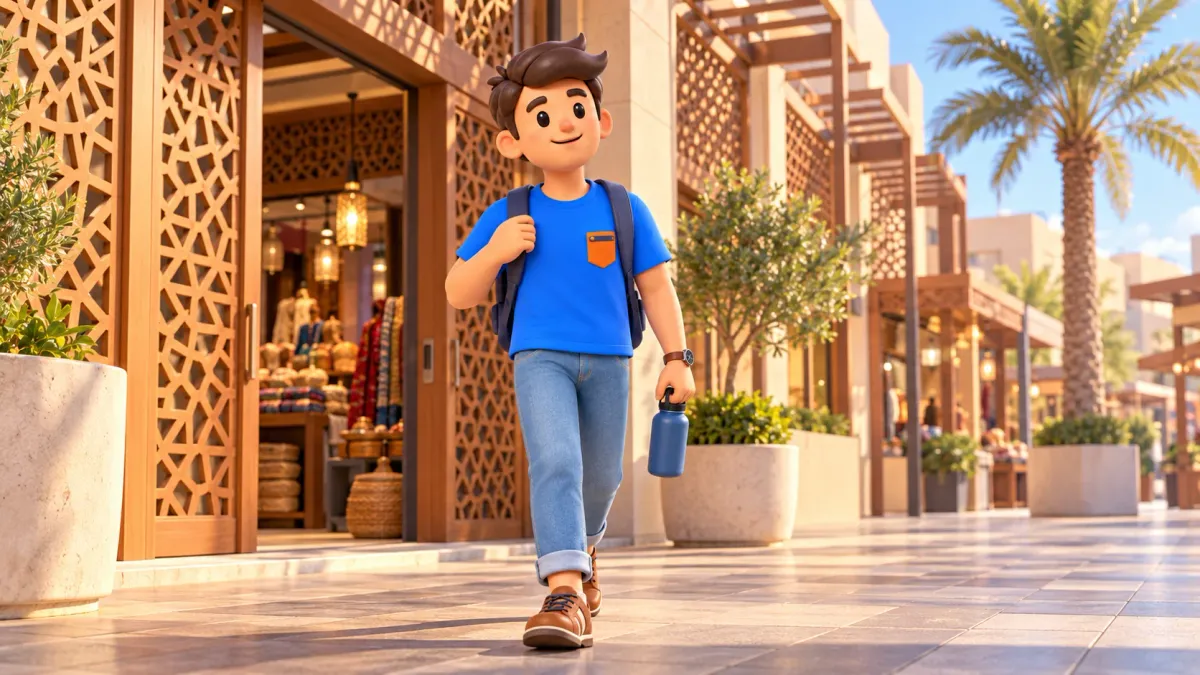 Un voyageur commence une courte balade près d’un marché contemporain à Abou Dhabi