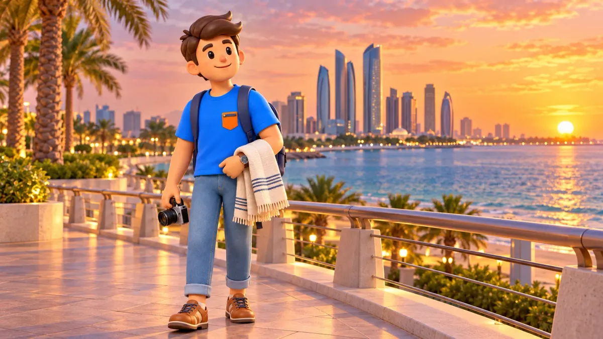 Un viajero con cámara en la Corniche ilustrada bajo una suave luz de tarde
