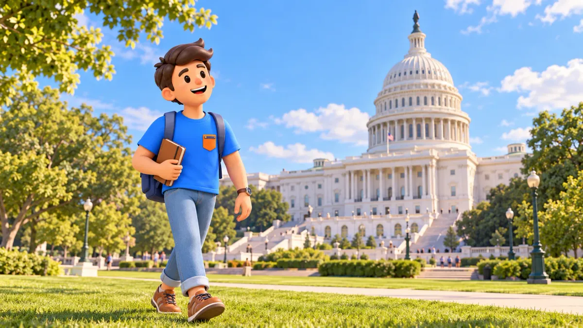 Illustration of a traveller with a notebook on the lawn outside the US Capitol.