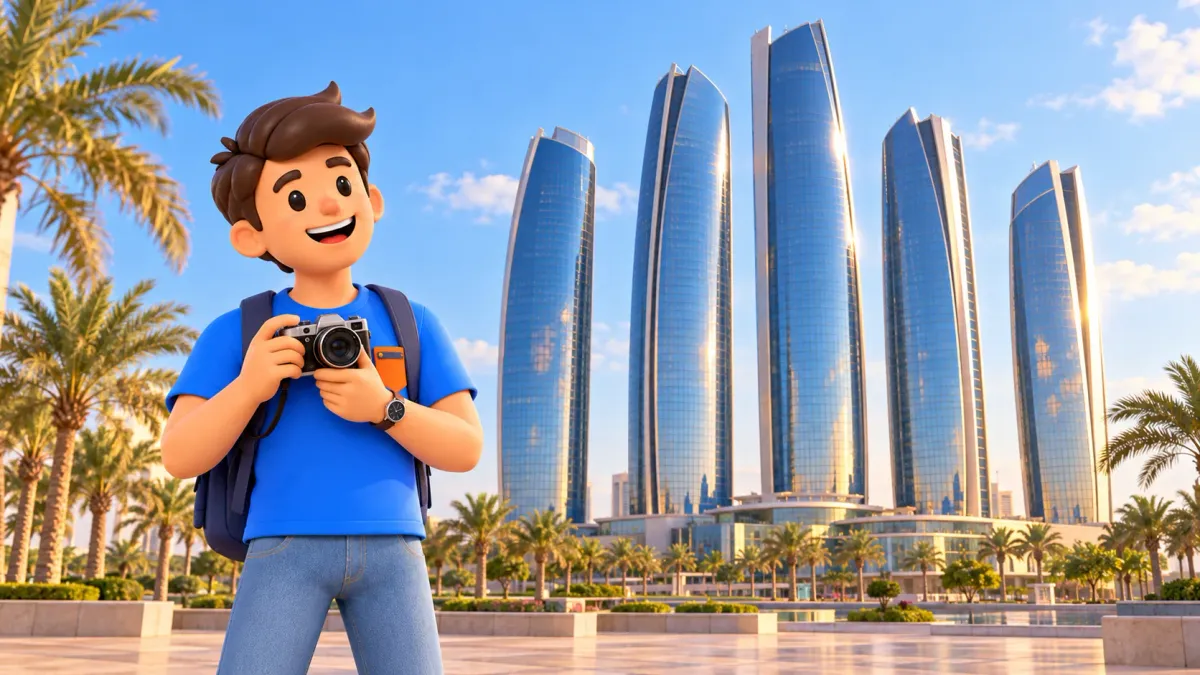 Un voyageur avec un appareil regarde les cinq tours Etihad illustrées