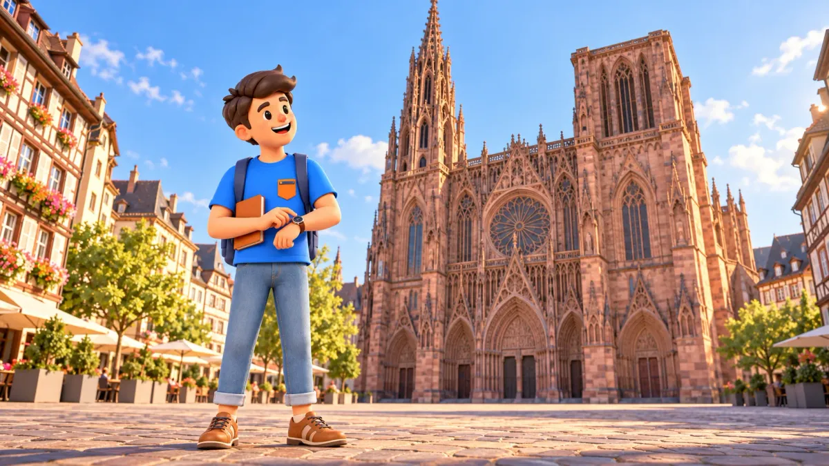 Illustrated traveller with notebook and wristwatch before an interpretation of Strasbourg Cathedral’s west façade