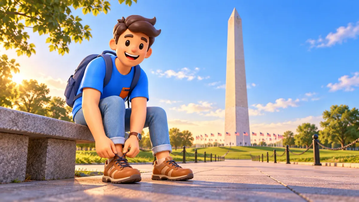 Illustration : un voyageur lace ses chaussures près du Washington Monument.
