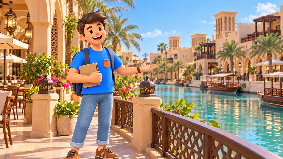 Un viajero con un cuaderno junto a los canales ilustrados de Qaryat Al Beri
