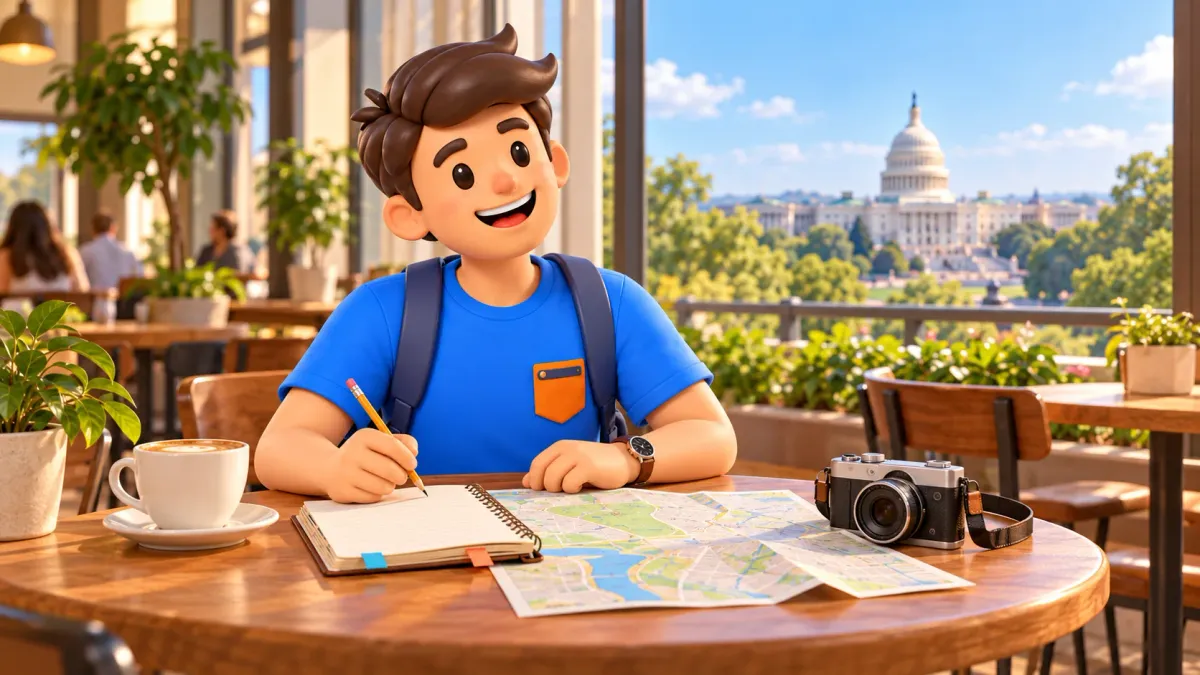 Illustration of a traveller planning two days in Washington at a cafe table.