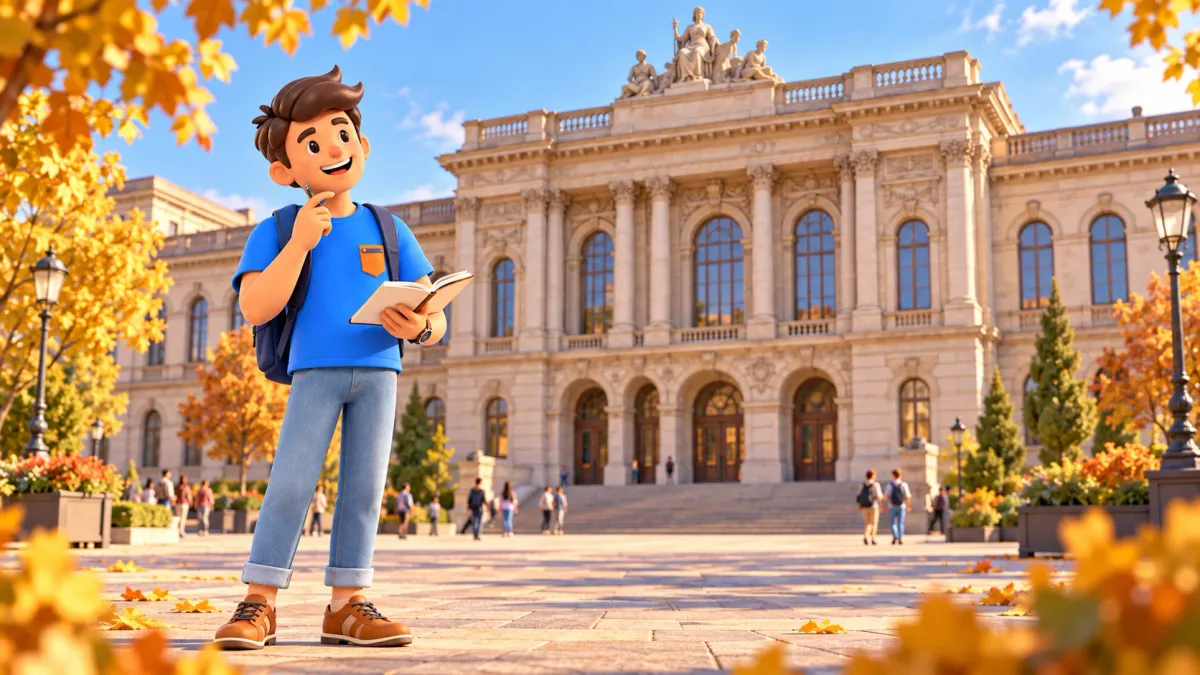 Illustrated traveller with sketchbook outside an interpretation of the neo-Renaissance Palais universitaire