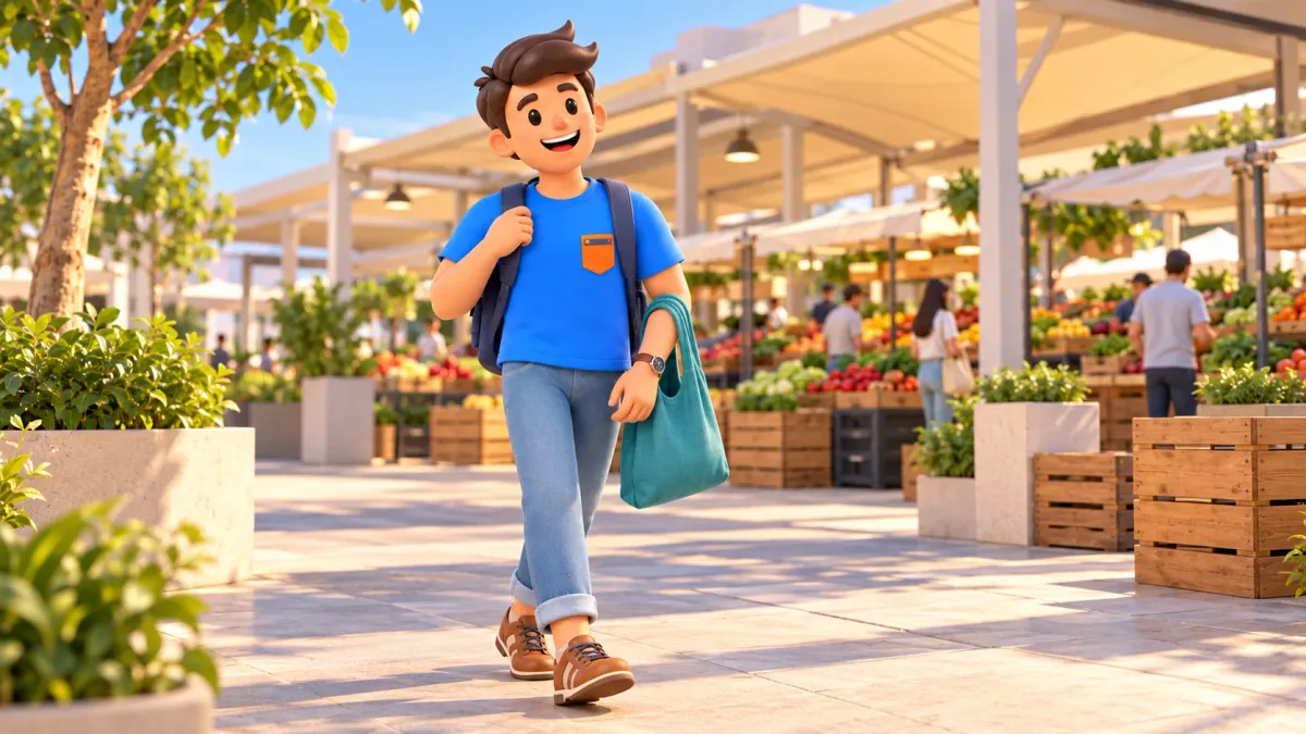Le voyageur arrive avec un sac réutilisable à un marché illustré de Mina Zayed le matin