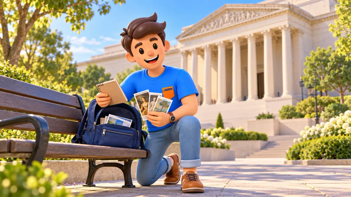 Illustration : un voyageur choisit des dépliants devant la National Gallery of Art.