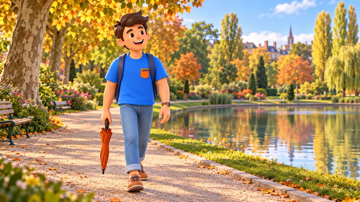 Illustrated traveller carrying a folded umbrella beside an interpreted urban park lake