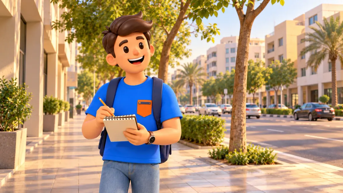 Un voyageur prend une note dans une rue quotidienne de Khalidiya illustrée