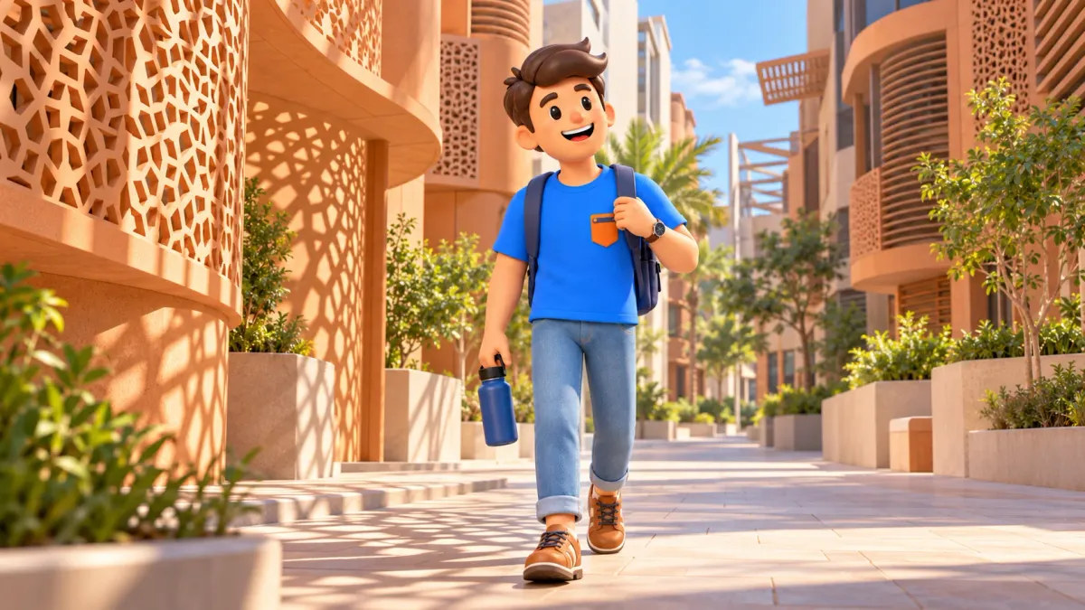 Un viajero con agua camina por un paso sombreado de Masdar representado artísticamente