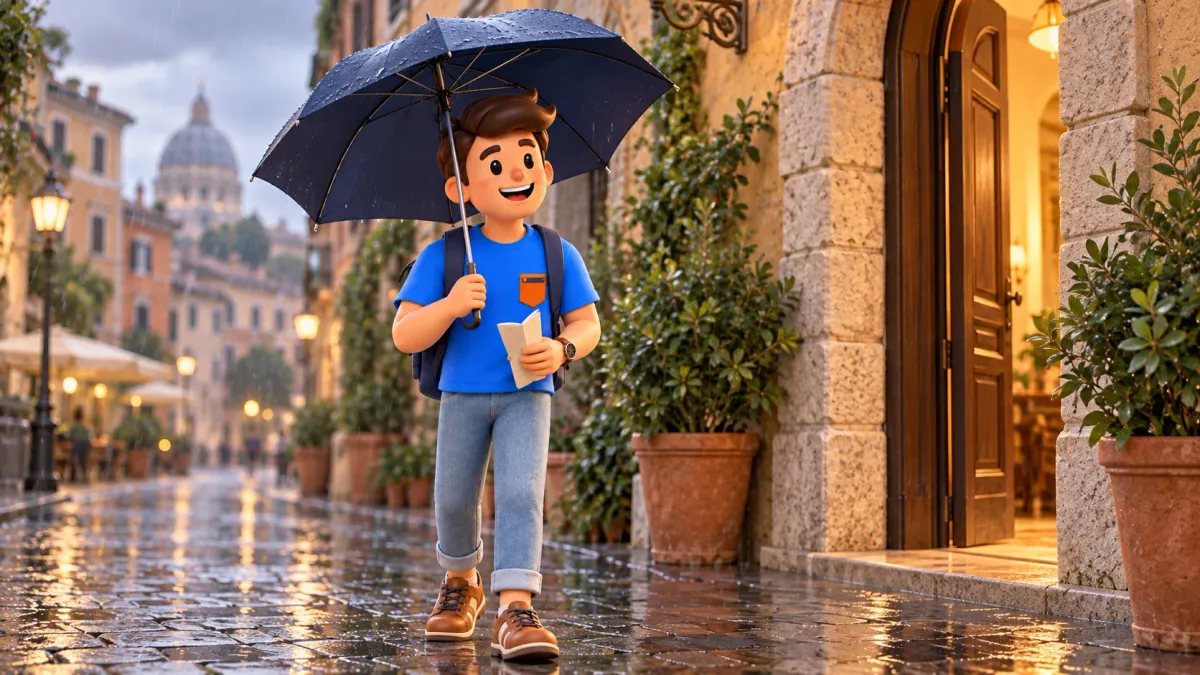 A traveller with an umbrella and folded paper on a rainy Roman street
