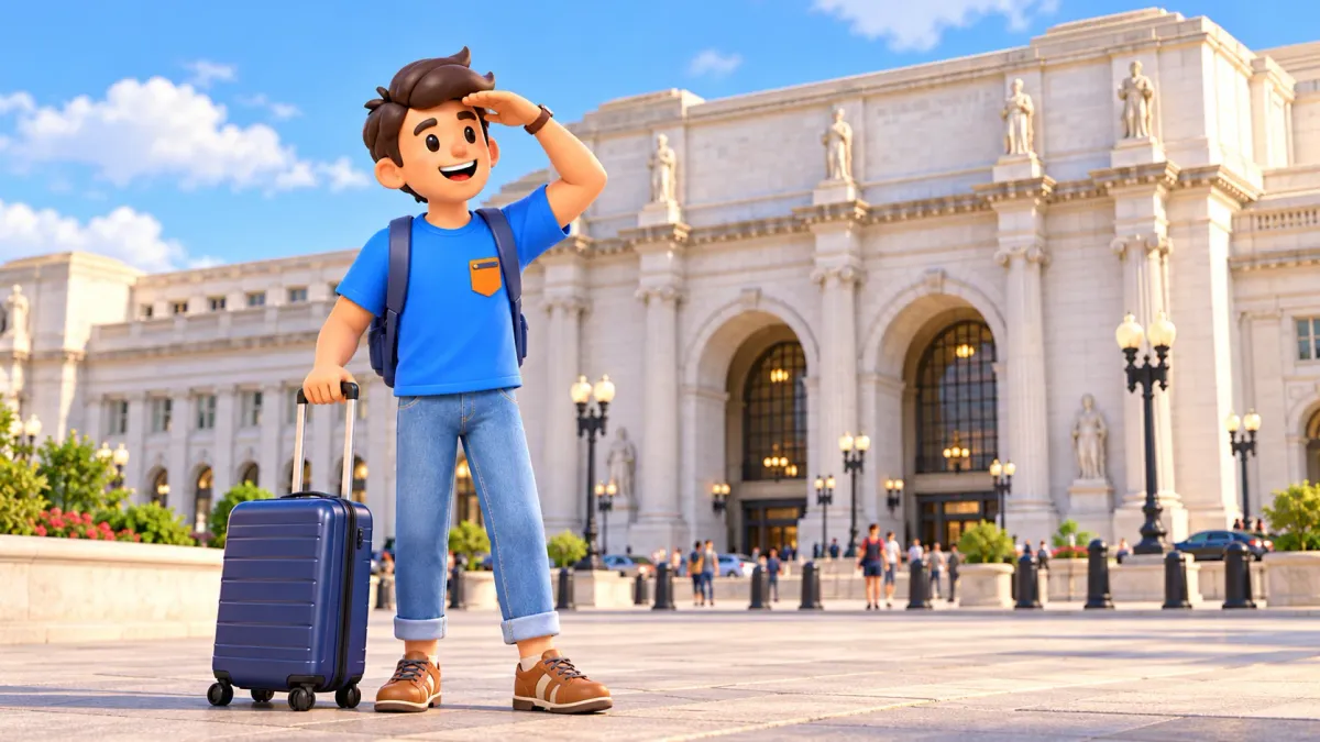 Illustration: Reisender mit Koffer vor der Union Station in Washington.
