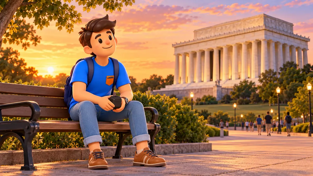 Illustration: Reisender ruht beim Lincoln Memorial im Abendlicht.