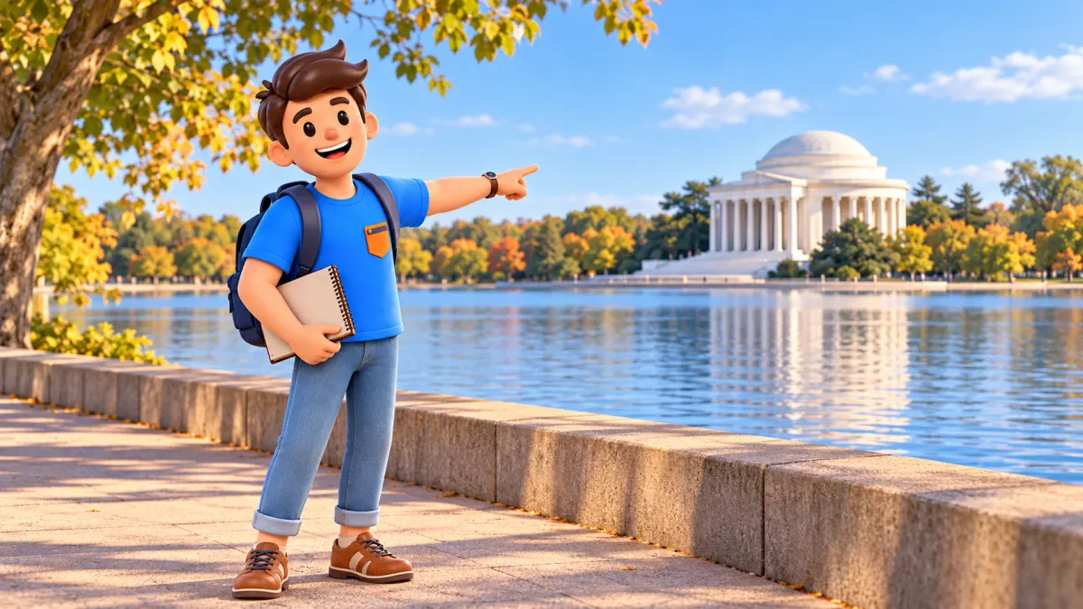 Illustration: Traveller beside the Tidal Basin with a view of the Jefferson Memorial.