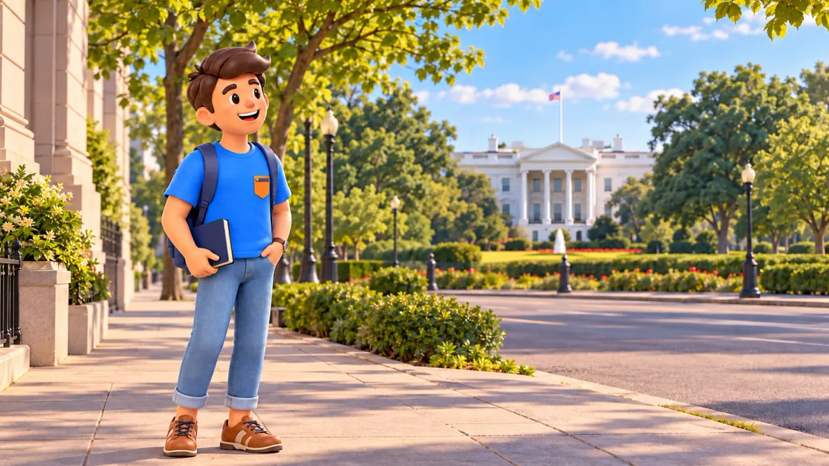Illustration: Traveller with a notebook and a distant White House view.