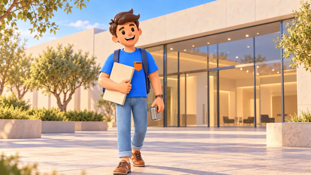 Un voyageur avec une chemise et une boîte de crayons devant un centre culturel de Saadiyat illustré