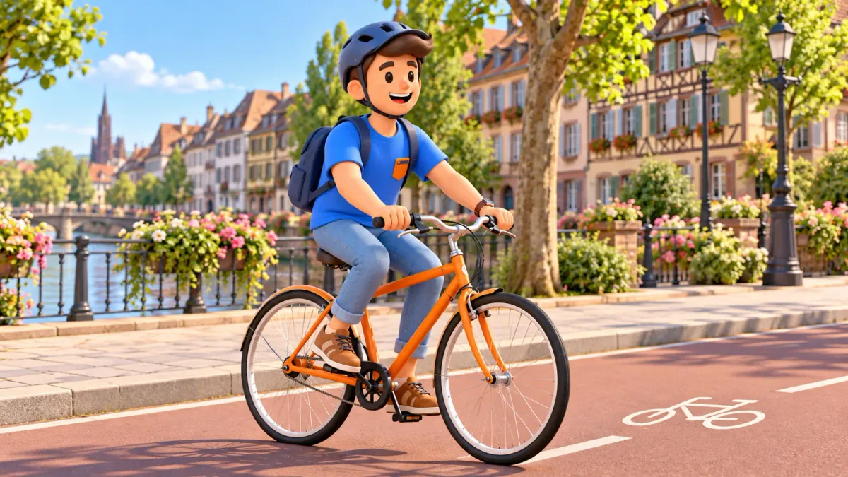 Illustrierter Reisender auf einem Stadtrad auf einem künstlerisch dargestellten Radfahrstreifen