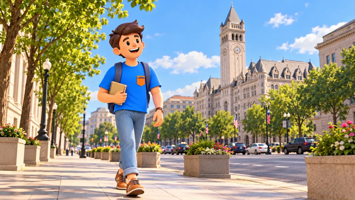 Illustration : Voyageur sur Pennsylvania Avenue près de la tour de l’ancienne poste.