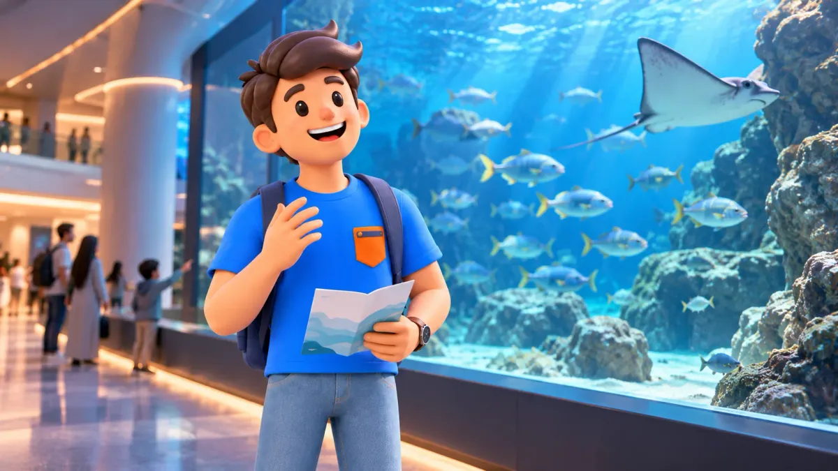 RoadMe character beside an aquarium window in an Al Qana itinerary illustration