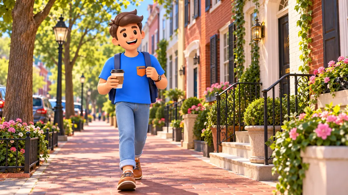 Ilustración: Viajero con un café en una calle histórica de Georgetown.