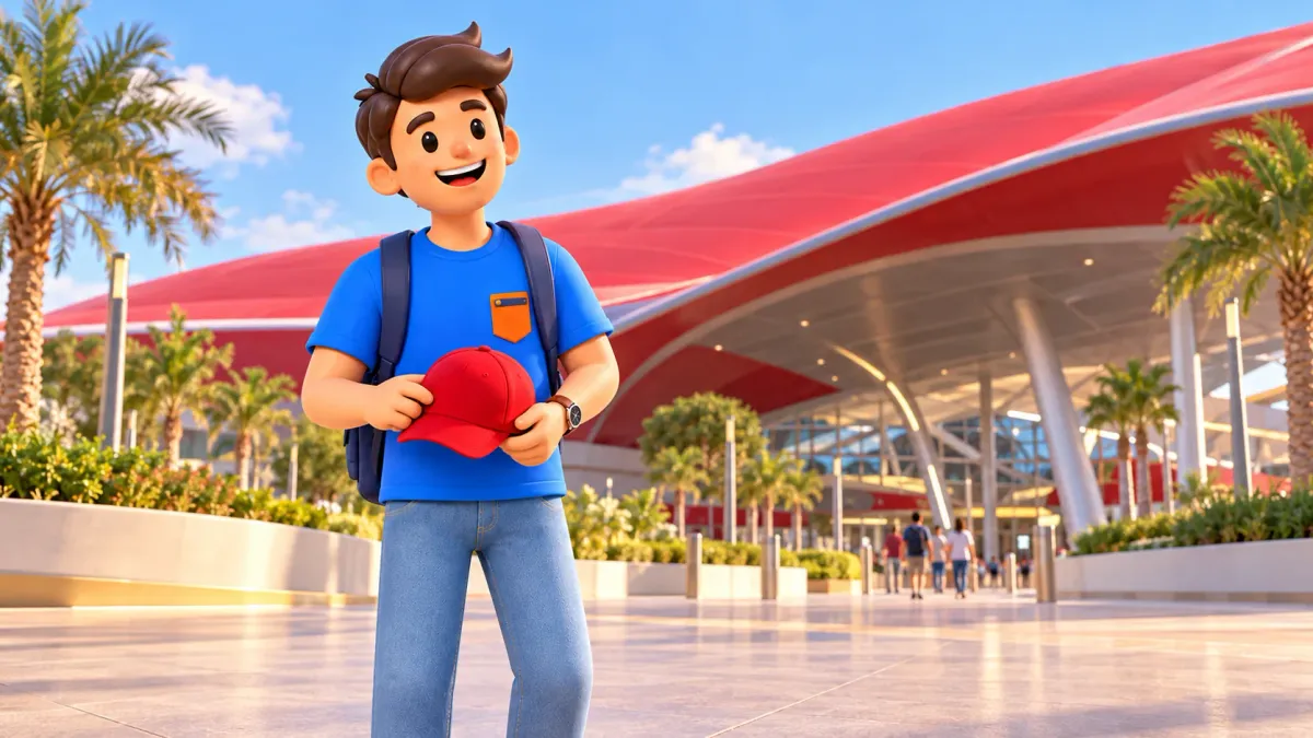 Character arriving at a Yas Island theme park with a red cap