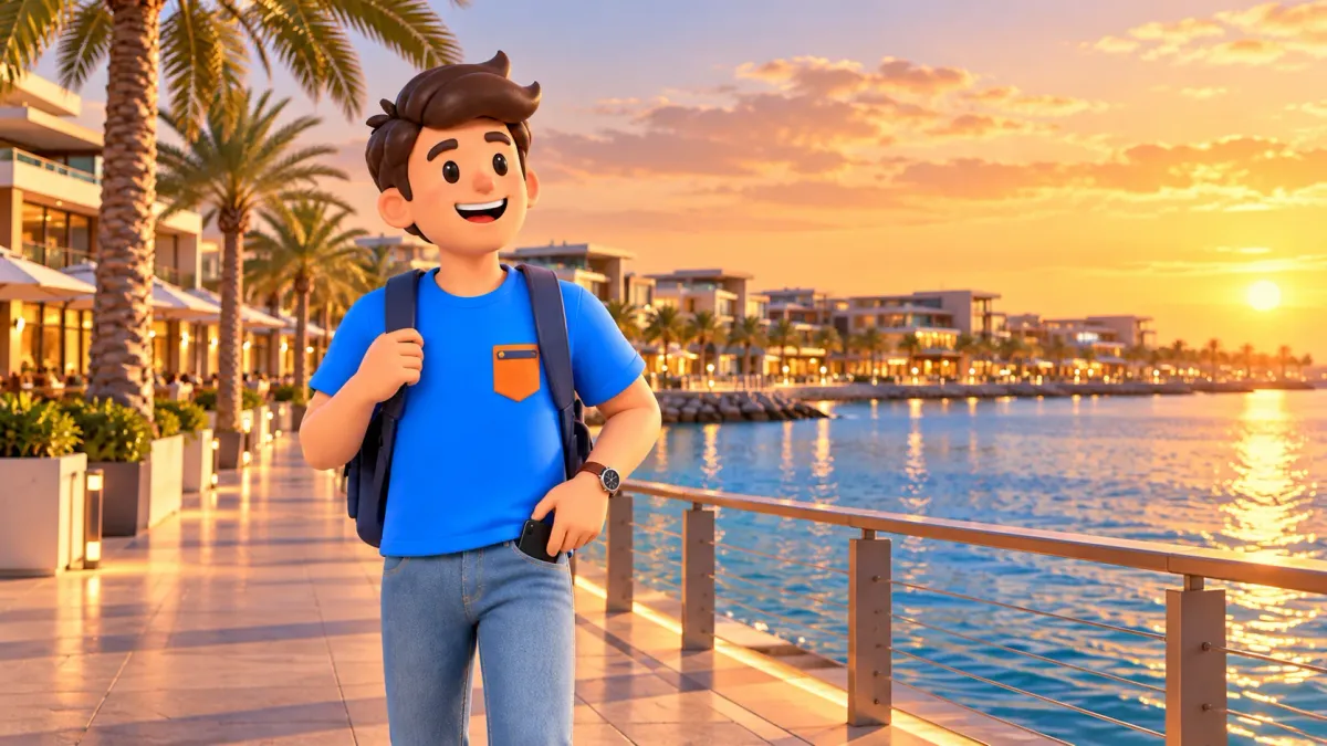 A traveller putting away a phone during an evening walk at Yas Bay